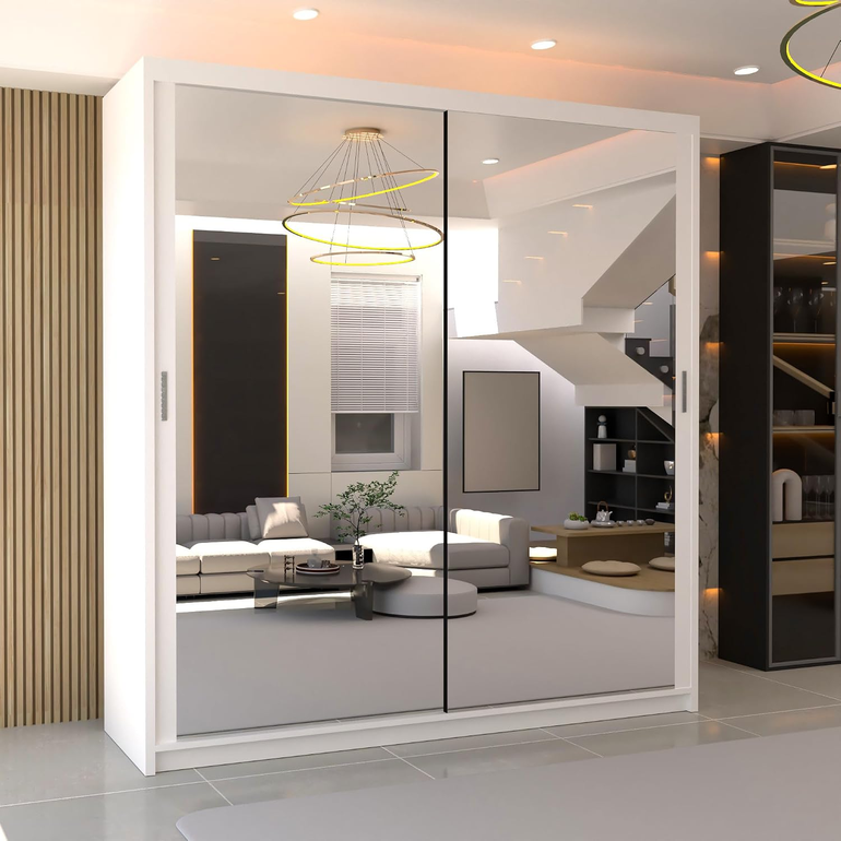 Modern Mirror Sliding 2 or 3 Door Wardrobe Bedroom with Adjustable Shelves .